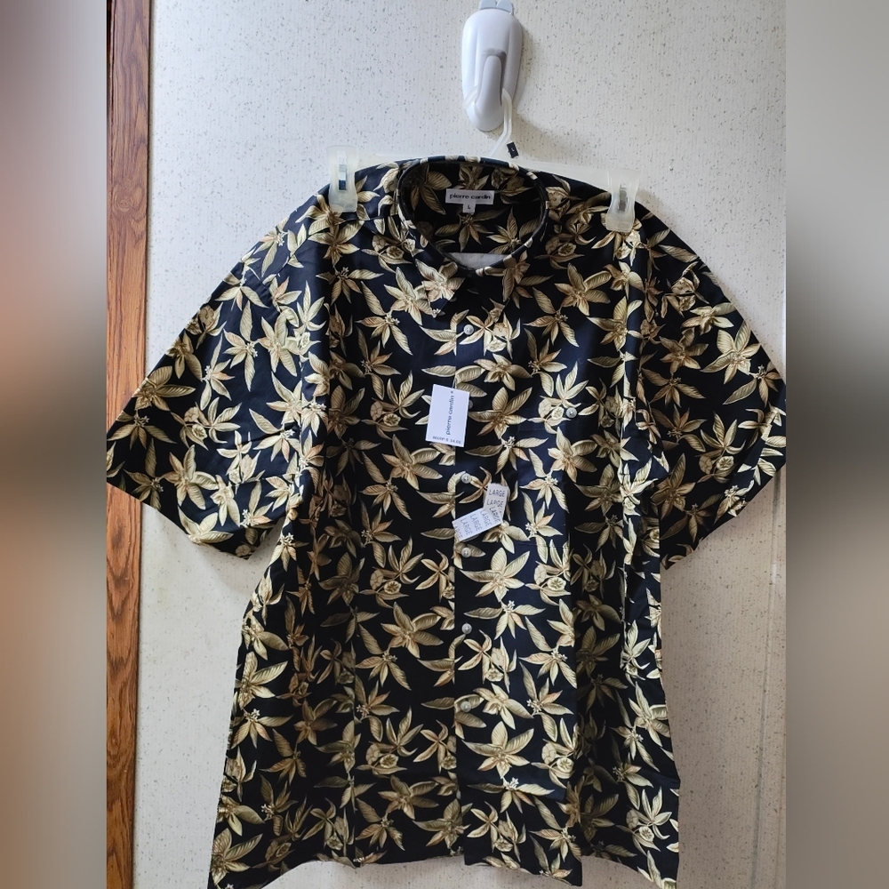 Vintage Pierre Cardin Hawaiian Shirt Men's L Black Gold ButtonDown Made In Korea
